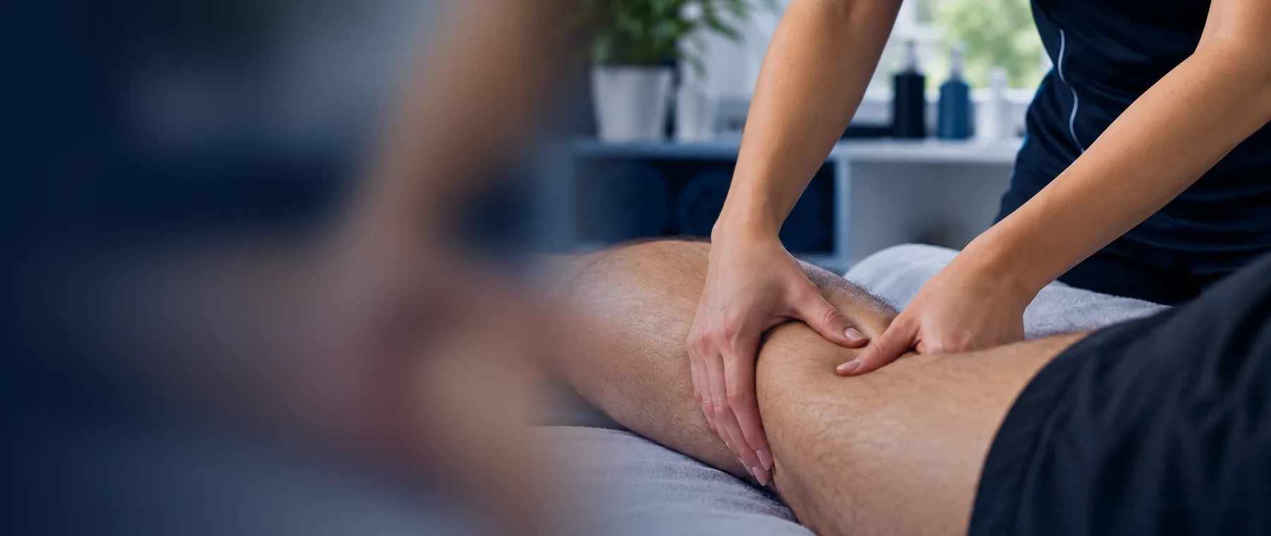 Close-up of a sports therapist's hands treating a client's lower leg; no faces shown