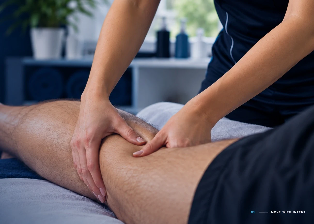 Sports therapy treatment focused on hands and lower leg, with no face visible